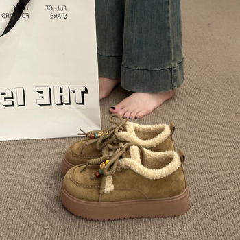 Loafers din piele pentru femei, căptușiți cu fleece, pentru iarnă, talie joasă, vârf rotund, toc de 3-5 cm