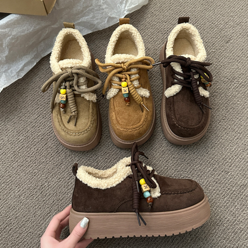 Loafers din piele pentru femei, căptușiți cu fleece, pentru iarnă, talie joasă, vârf rotund, toc de 3-5 cm