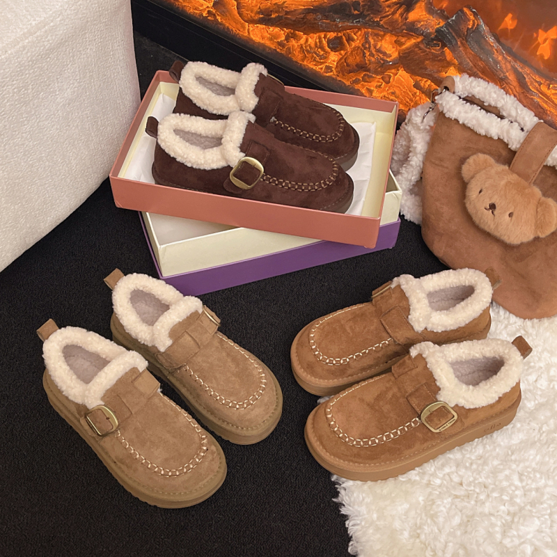 Ženske nubuk kožne loafers s umjetnim kratkim plišom, svakodnevni stil, slip-on, niski potplat 1–3 cm