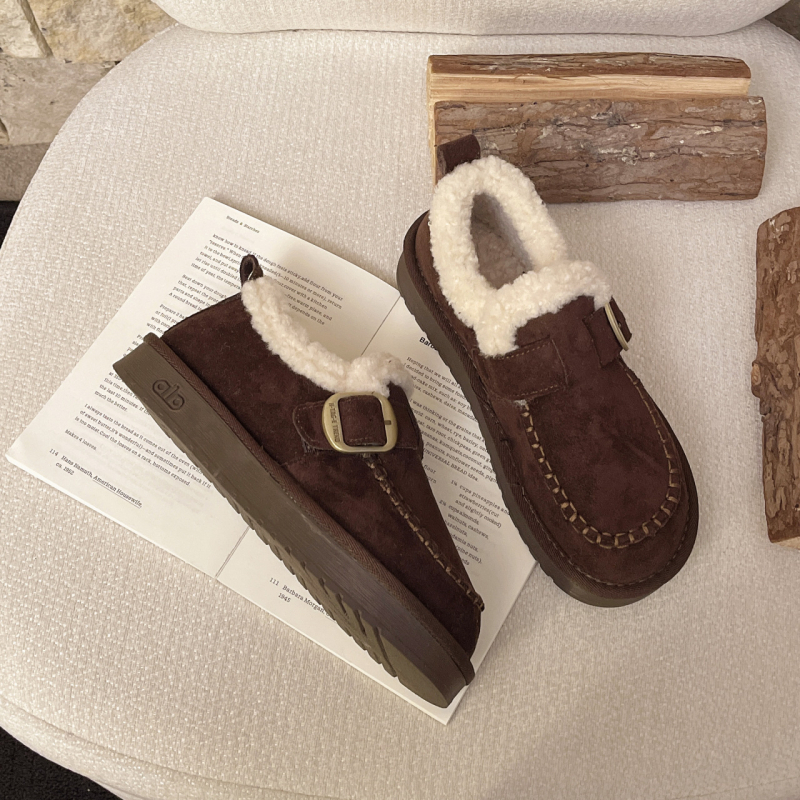 Ženske nubuk kožne loafers s umjetnim kratkim plišom, svakodnevni stil, slip-on, niski potplat 1–3 cm