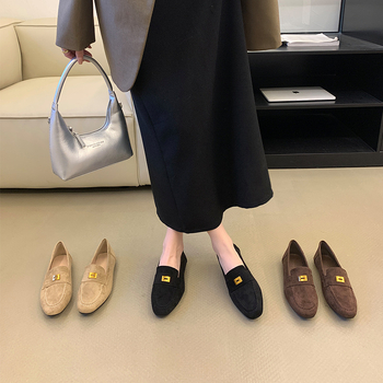 Ženske loafers s kvadratnim vrhom, gornji dio od mikrovlakana, metalna kvadratna kopča, slip-on, niski potplat, PU đon