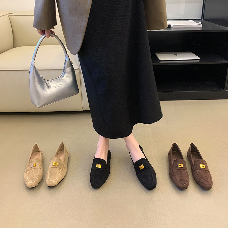 Ženske loafers s kvadratnim vrhom, gornji dio od mikrovlakana, metalna kvadratna kopča, slip-on, niski potplat, PU đon