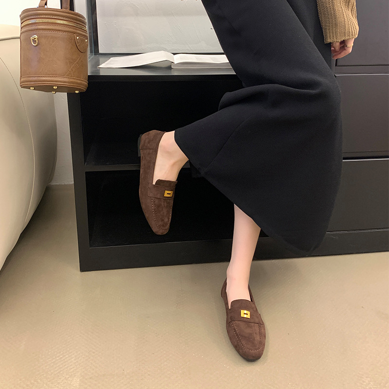 Ženske loafers s kvadratnim vrhom, gornji dio od mikrovlakana, metalna kvadratna kopča, slip-on, niski potplat, PU đon