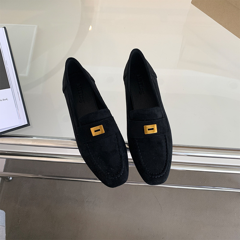 Ženske loafers s kvadratnim vrhom, gornji dio od mikrovlakana, metalna kvadratna kopča, slip-on, niski potplat, PU đon