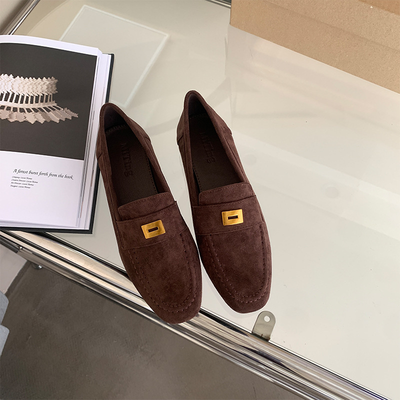 Ženske loafers s kvadratnim vrhom, gornji dio od mikrovlakana, metalna kvadratna kopča, slip-on, niski potplat, PU đon