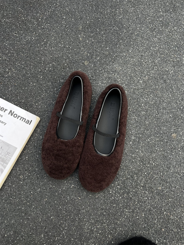 Duxi zimske plišane loafersice za žene, slip-on, zaobljeni vrh, niski potplat 1–3 cm, gumena podloga