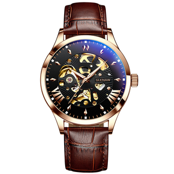 Glen muški mehanički sat, vodootpornost 30 m, kožni remen, kućište od legure, spiralna krunica