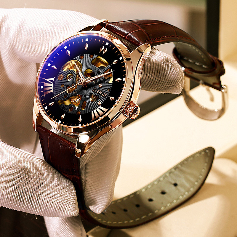 Glen muški mehanički sat, vodootpornost 30 m, kožni remen, kućište od legure, spiralna krunica