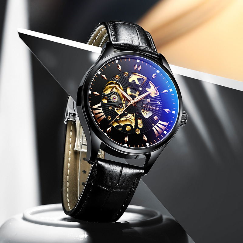 Glen muški mehanički sat, vodootpornost 30 m, kožni remen, kućište od legure, spiralna krunica