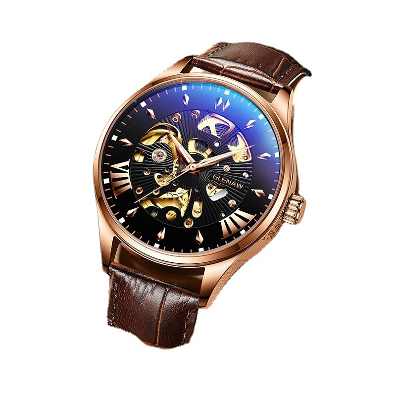 Glen muški mehanički sat, vodootpornost 30 m, kožni remen, kućište od legure, spiralna krunica