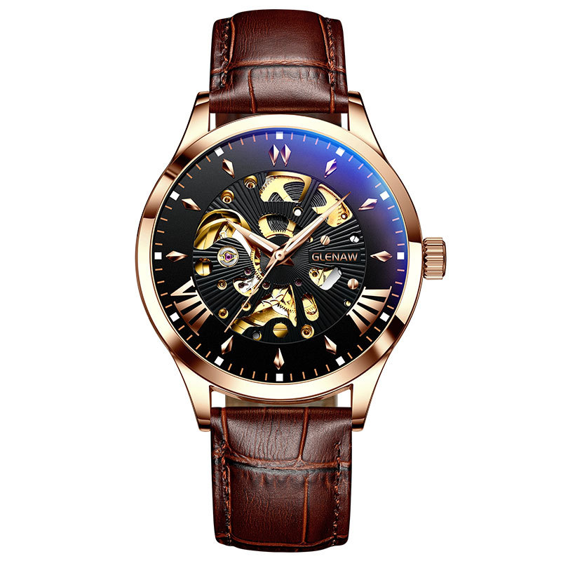 Glen muški mehanički sat, vodootpornost 30 m, kožni remen, kućište od legure, spiralna krunica
