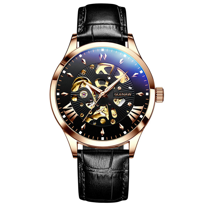 Glen muški mehanički sat, vodootpornost 30 m, kožni remen, kućište od legure, spiralna krunica