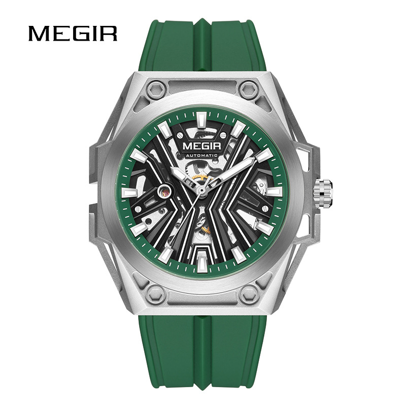 MEGIR muški sat 8603G, mehanički mehanizam, silikonska narukvica, vodootporan, promjer brojčanika 49 mm, kućište od nehrđajući čelika