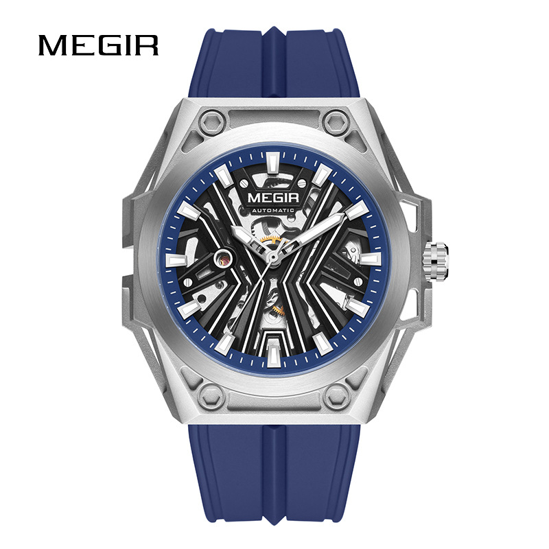 MEGIR muški sat 8603G, mehanički mehanizam, silikonska narukvica, vodootporan, promjer brojčanika 49 mm, kućište od nehrđajući čelika