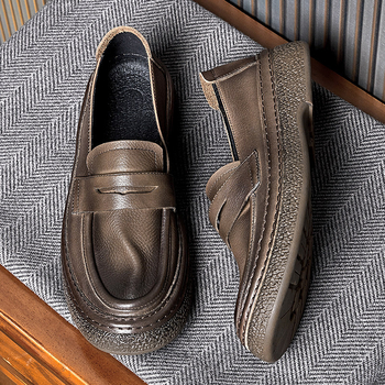 Muške loaferice od kravljeg kože s okruglim vrhom - bez vezica, prozračne, gumeni potplat