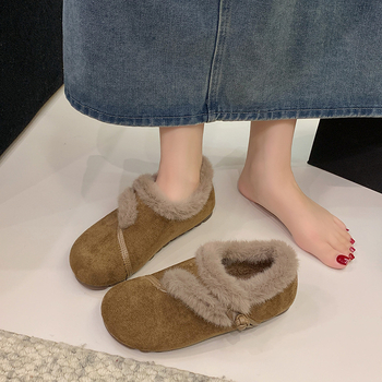 Ženske casual cipele od nubuka slip-on s umjetnom pliš unutrašnjosti, zaobljena nosnica, zatvaranje kopčom, niski potplat 1-3 cm, gumeni potplat