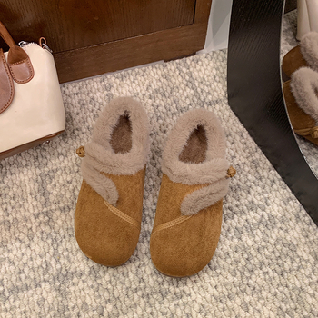 Ženske casual cipele od nubuka slip-on s umjetnom pliš unutrašnjosti, zaobljena nosnica, zatvaranje kopčom, niski potplat 1-3 cm, gumeni potplat