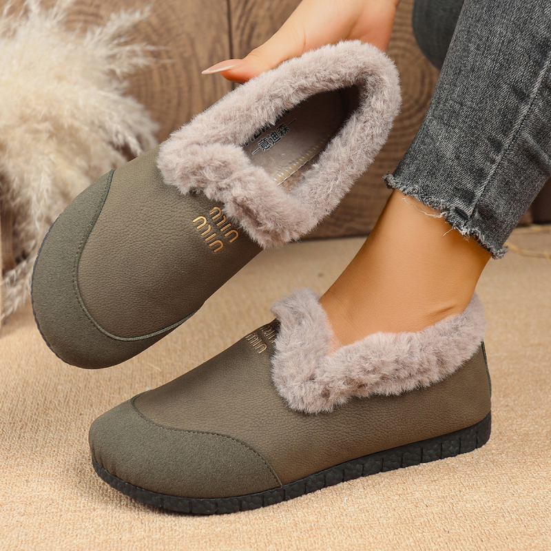 Ženske zimske platnene mokasine s plišem, gumeni potplat, niski gornji dio, okrugli vrh