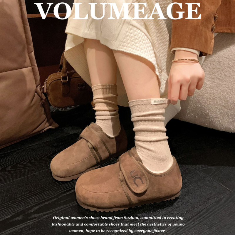 Ženske Mary Jane cipele od nubuka s umjetnom krznom podstavom, zatvarač na Velcro, gumeni potplat, niski pet 1–3 cm