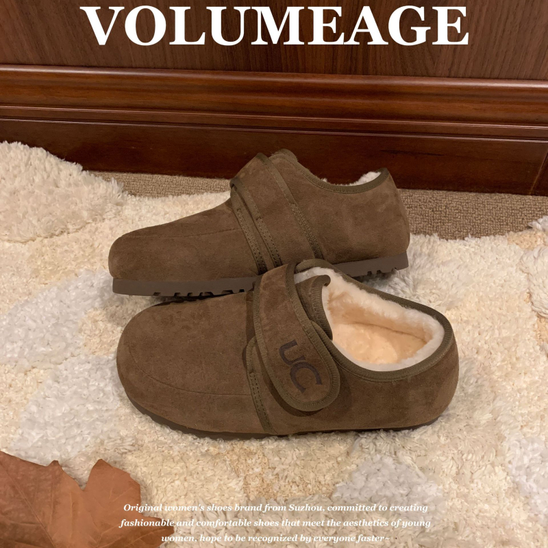 Ženske Mary Jane cipele od nubuka s umjetnom krznom podstavom, zatvarač na Velcro, gumeni potplat, niski pet 1–3 cm