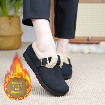 Zimske ženske pamučne loaferice s frosted vrhom, unutarnja obloga od umjetne kratke pliš, PU potplat, niski peta 1–3 cm, slip-on