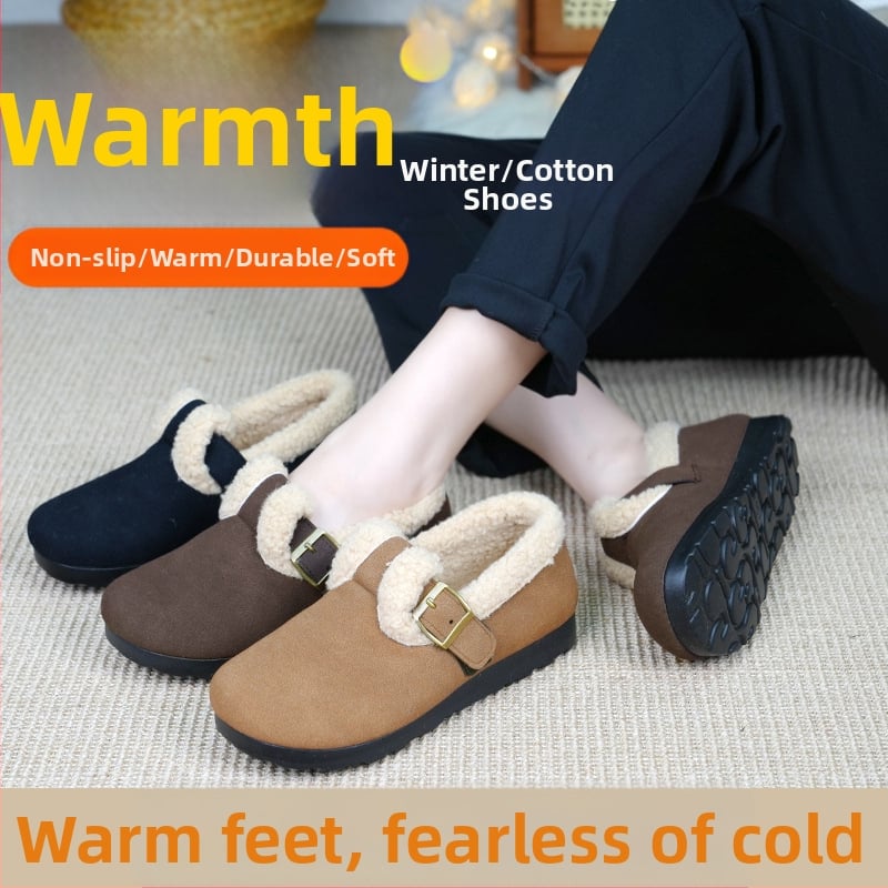 Zimske ženske pamučne loaferice s frosted vrhom, unutarnja obloga od umjetne kratke pliš, PU potplat, niski peta 1–3 cm, slip-on