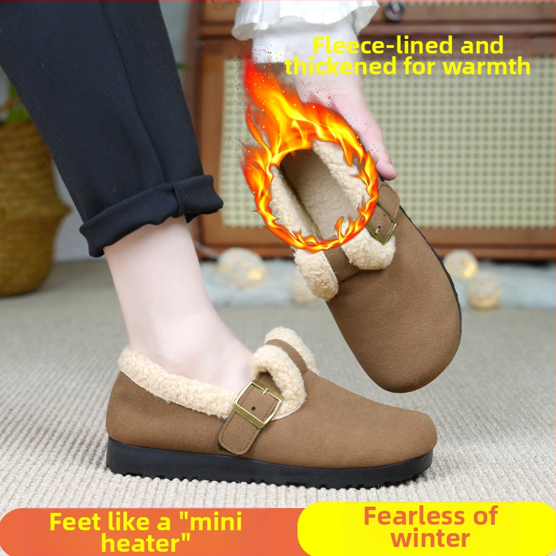 Zimske ženske pamučne loaferice s frosted vrhom, unutarnja obloga od umjetne kratke pliš, PU potplat, niski peta 1–3 cm, slip-on