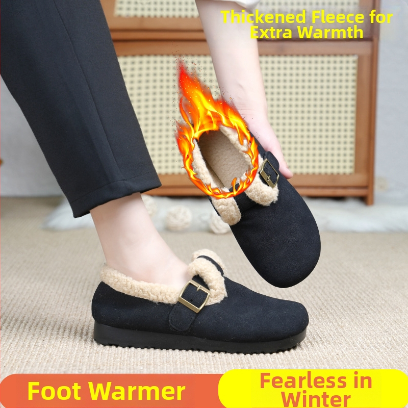 Zimske ženske pamučne loaferice s frosted vrhom, unutarnja obloga od umjetne kratke pliš, PU potplat, niski peta 1–3 cm, slip-on