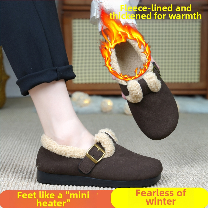 Zimske ženske pamučne loaferice s frosted vrhom, unutarnja obloga od umjetne kratke pliš, PU potplat, niski peta 1–3 cm, slip-on