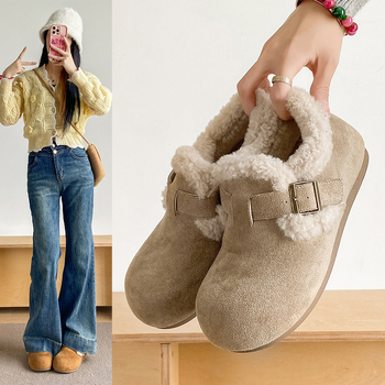 Ženski loafers s umjetnim plišem u unutrašnjosti, PU gornji dio, PVC đon, okrugli vrh, srednje visine potpetice 3-5 cm