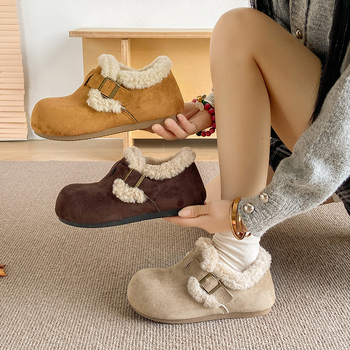 Ženski loafers s umjetnim plišem u unutrašnjosti, PU gornji dio, PVC đon, okrugli vrh, srednje visine potpetice 3-5 cm