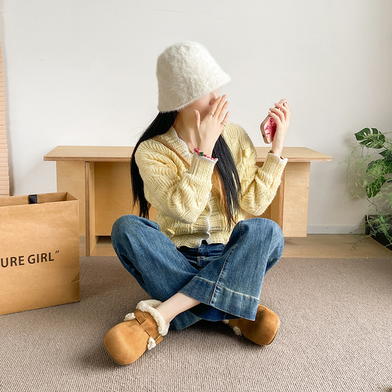 Ženski loafers s umjetnim plišem u unutrašnjosti, PU gornji dio, PVC đon, okrugli vrh, srednje visine potpetice 3-5 cm