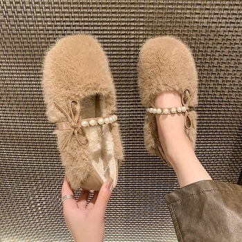 Ženske mokasine od velura s umjetnom vunom, slip-on, niski gornji dio, gumena potplat