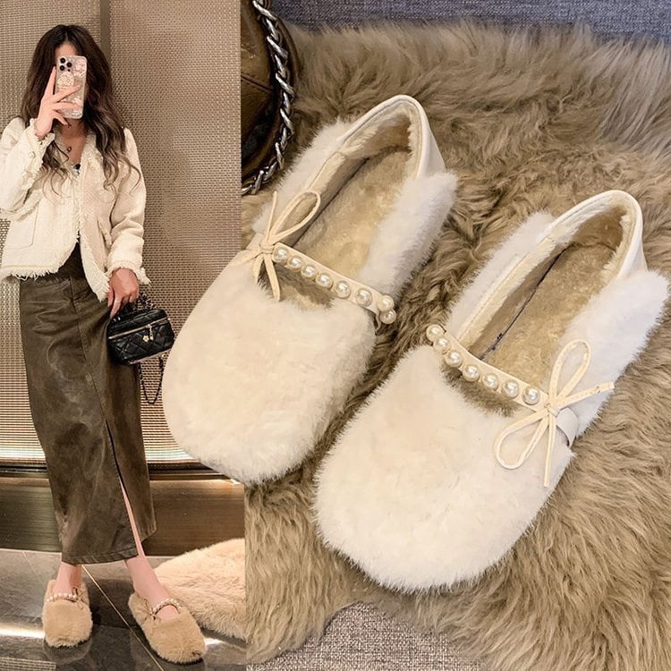 Ženske mokasine od velura s umjetnom vunom, slip-on, niski gornji dio, gumena potplat