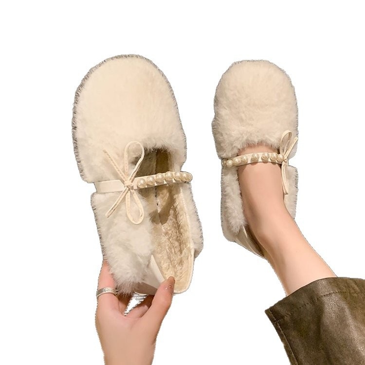 Ženske mokasine od velura s umjetnom vunom, slip-on, niski gornji dio, gumena potplat