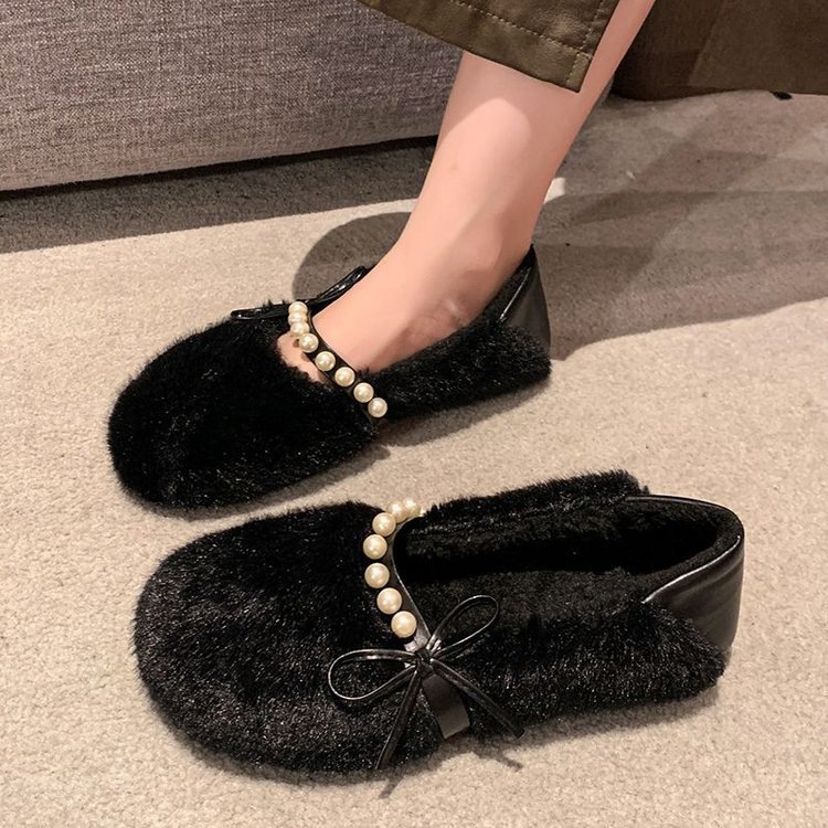 Ženske mokasine od velura s umjetnom vunom, slip-on, niski gornji dio, gumena potplat