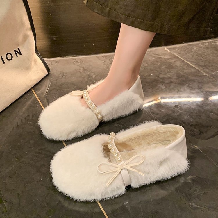 Ženske mokasine od velura s umjetnom vunom, slip-on, niski gornji dio, gumena potplat