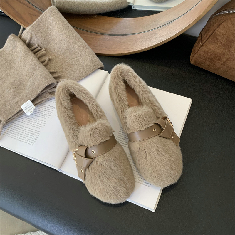 Plišaste Mary Jane cipele za žene, korejski stil, s efektom povećanja visine, za zimu-jesen-proljeće, srednja peta 3–5 cm, okrugli vrh, gornji materijal: super vlakno