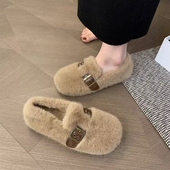 Ženske norkove kožne loafers slip-on, zimsko-jesenska sezona, velur gornji dio, umjetno pliš unutarnji, gumena potplat