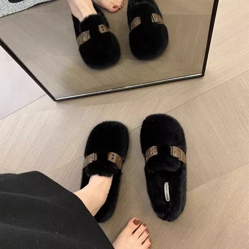 Ženske norkove kožne loafers slip-on, zimsko-jesenska sezona, velur gornji dio, umjetno pliš unutarnji, gumena potplat