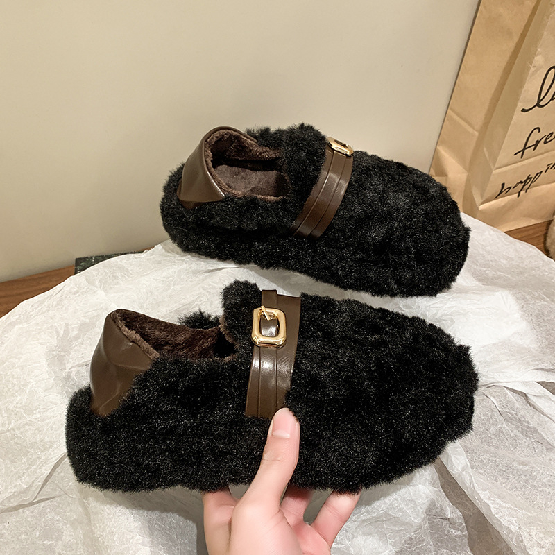 Ženske udobne ravne cipele s gornjim dijelom od umjetnog krzna, zaobljeni nos, niski pet 1-3 cm, pamukova uloška, velur podstava, gumeni potplat – zimske slip-on cipele s dva načina nošenja
