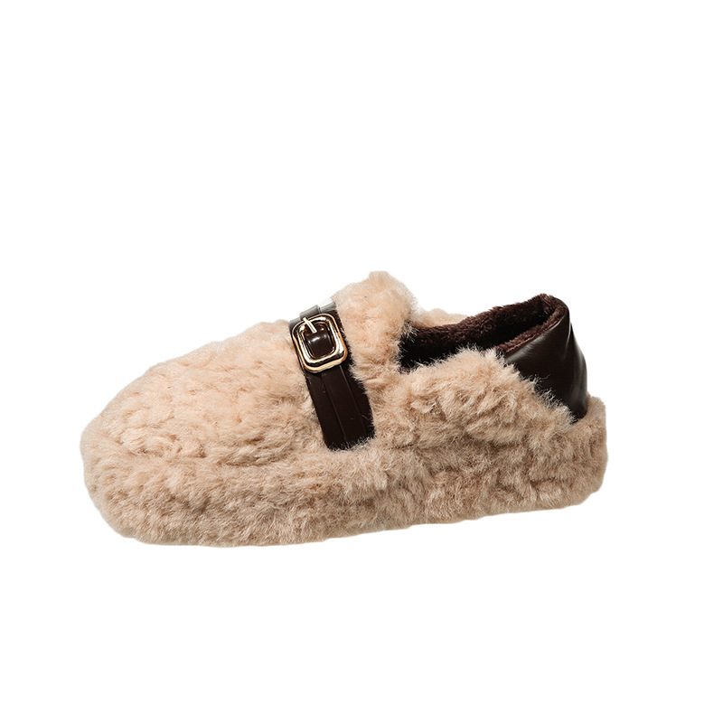 Ženske udobne ravne cipele s gornjim dijelom od umjetnog krzna, zaobljeni nos, niski pet 1-3 cm, pamukova uloška, velur podstava, gumeni potplat – zimske slip-on cipele s dva načina nošenja