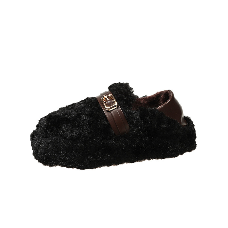 Ženske udobne ravne cipele s gornjim dijelom od umjetnog krzna, zaobljeni nos, niski pet 1-3 cm, pamukova uloška, velur podstava, gumeni potplat – zimske slip-on cipele s dva načina nošenja