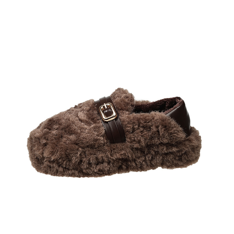 Ženske udobne ravne cipele s gornjim dijelom od umjetnog krzna, zaobljeni nos, niski pet 1-3 cm, pamukova uloška, velur podstava, gumeni potplat – zimske slip-on cipele s dva načina nošenja