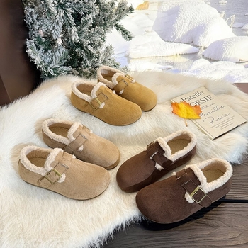 Ženske slip-on cipele u stilu Birkenstock, unutarnje povećanje visine, plišana podstava, zimska svakodnevna udobnost, 3-5 cm srednje visoka peta, gornji dio od pamuka i lana