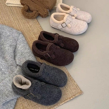 Vuneni slip-on loaferi za zimu, unutrašnjost od umjetnog pliša, zaobljena nosnica, niski gornji dio, plastični đon, srednji pet 3-5 cm