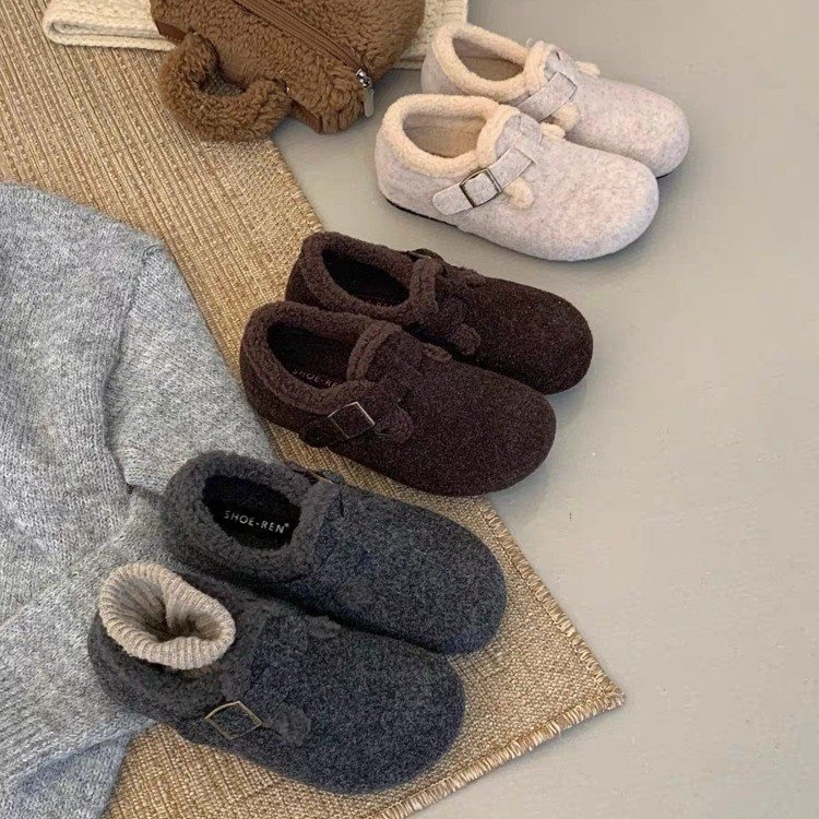 Vuneni slip-on loaferi za zimu, unutrašnjost od umjetnog pliša, zaobljena nosnica, niski gornji dio, plastični đon, srednji pet 3-5 cm