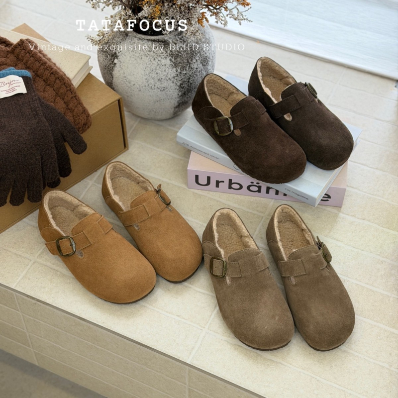 Ženske Birkenstock-stil cipele, casual slip-on bez vezica, gornji dio od nubuk kože, baršunasta podstava, niski profil, okrugli vrh, gumeni potplat