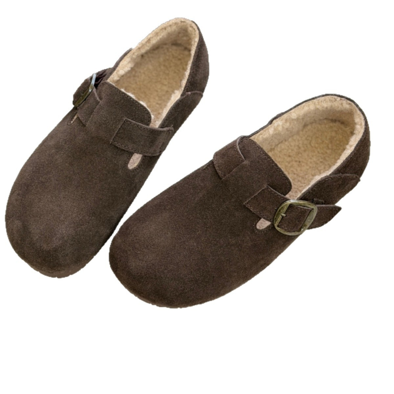Ženske Birkenstock-stil cipele, casual slip-on bez vezica, gornji dio od nubuk kože, baršunasta podstava, niski profil, okrugli vrh, gumeni potplat