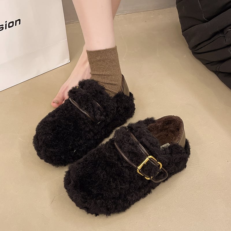 Ženske zimske cipele s debelom potplatom, gornji dio od brušene kože (suede), unutrašnjost od umjetnog kratkog krzna, slip-on, okrugli nos